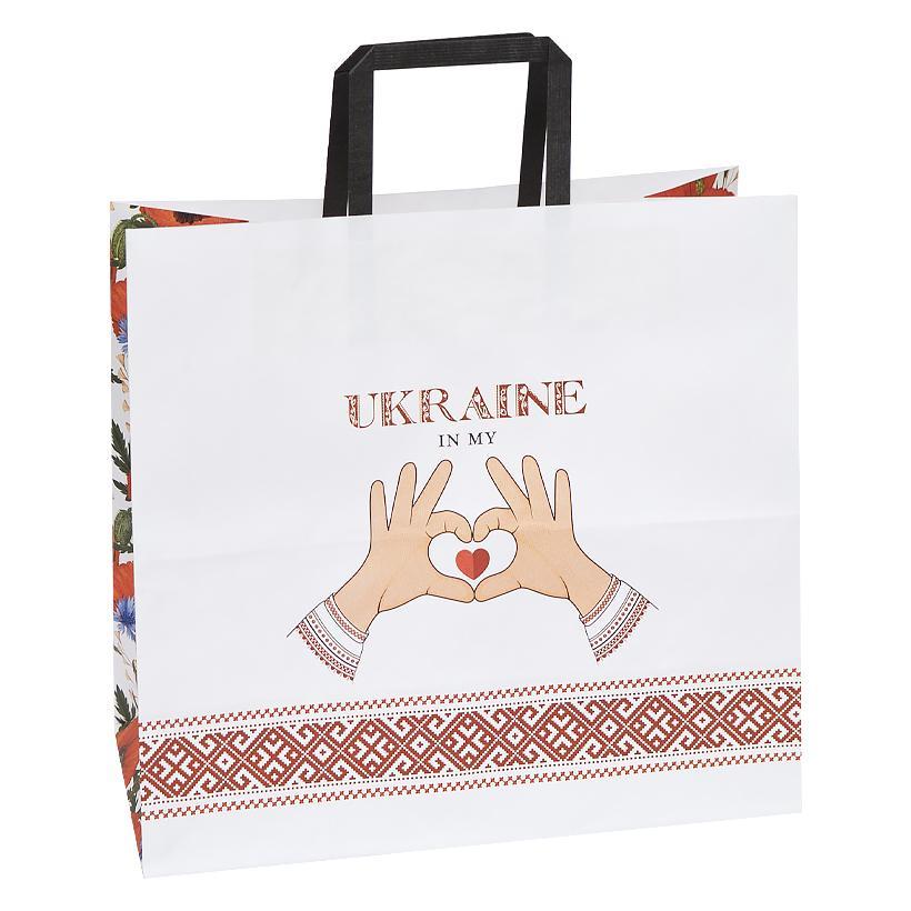 Подарунковий крафт пакет "Ukraine in my heart" червоний орнамент (32х15х30 см) 1шт.