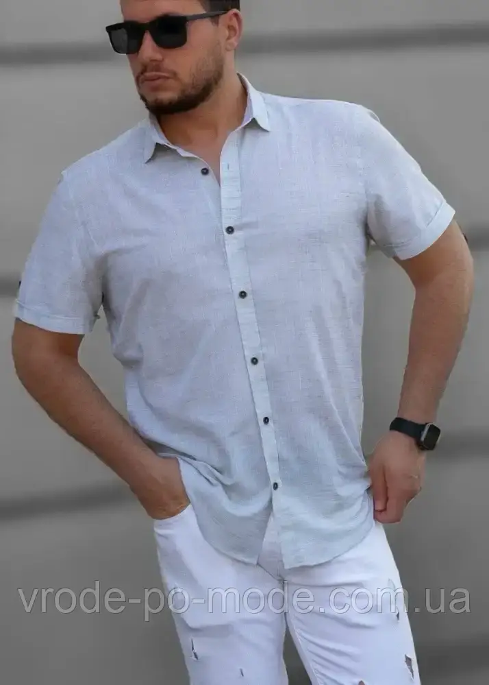 Стильна бавовняна оливкова чоловіча сорочка під льон, короткий рукав, класичний комір, колекція 2025 року