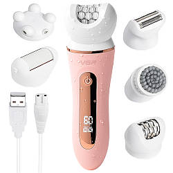 Епілятор акумуляторний для тіла з базою + 5 насадок, V-751, Рожевий / Тример жіночий / Бездротовий епілятор для ніг