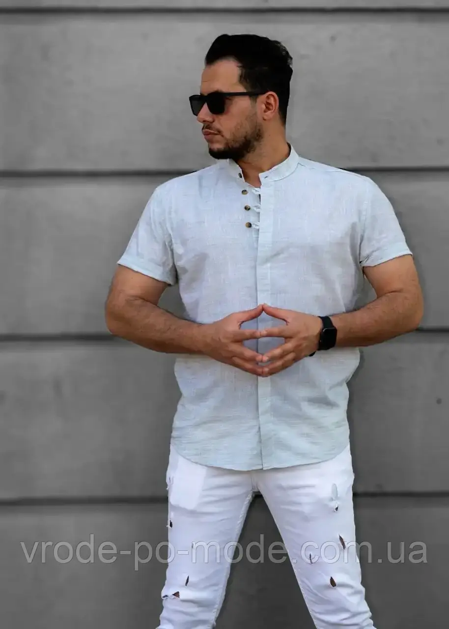 Стильна бавовняна оливкова чоловіча сорочка під льон, з коротким рукавом, комір стійка, колекція 2025 року, фото 1