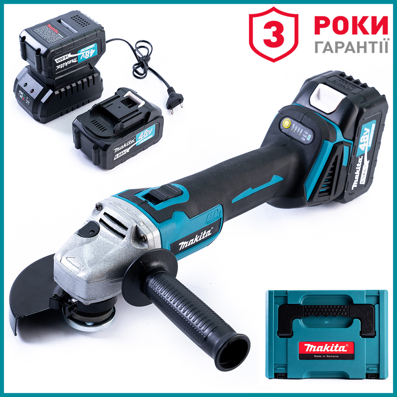 Безщіткова акумуляторна болгарка Makita DGA554ZL (48V, 6 А/год) Кутова шліфмашина Макіта з двома АКБ, фото 1