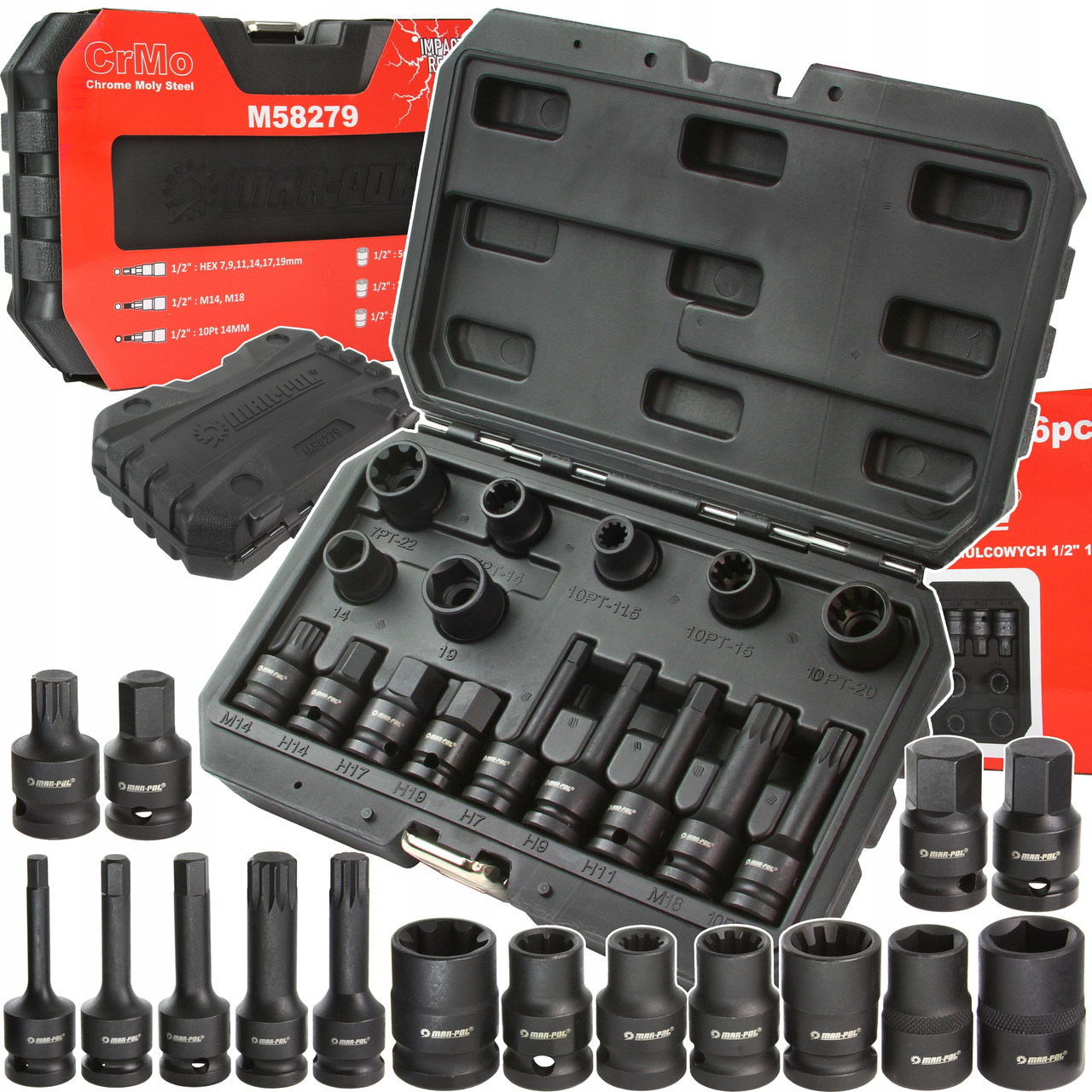 Набір спецголовок Mar-Pol M58279 – для обслуговування та ремонту гальмівних супортів, 16 предметів 1/2" + кейс, фото 1