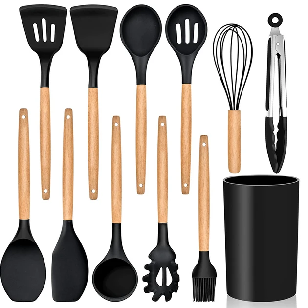 Набір кухонного приладдя 12шт Kitchen Set, Чорний / Силіконовий кухонний набір з підставкою