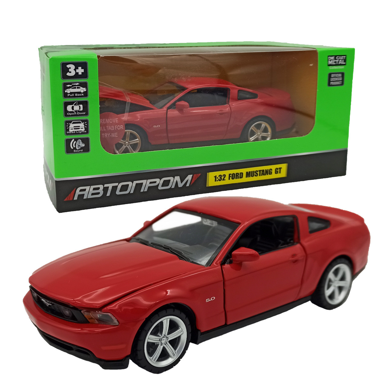 Машинка Металева АВТОПРОМ Ford Mustang GT 1:32 Червона: Інерційна, Зі Звуком, Світлом, Відкривними Дверима, Капот 68307