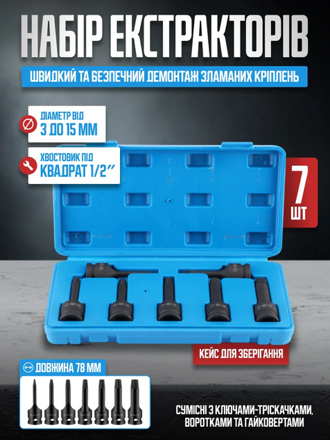 Набір екстракторів для вилучення зламаних і пошкоджених болтів 7 шт, фото 1