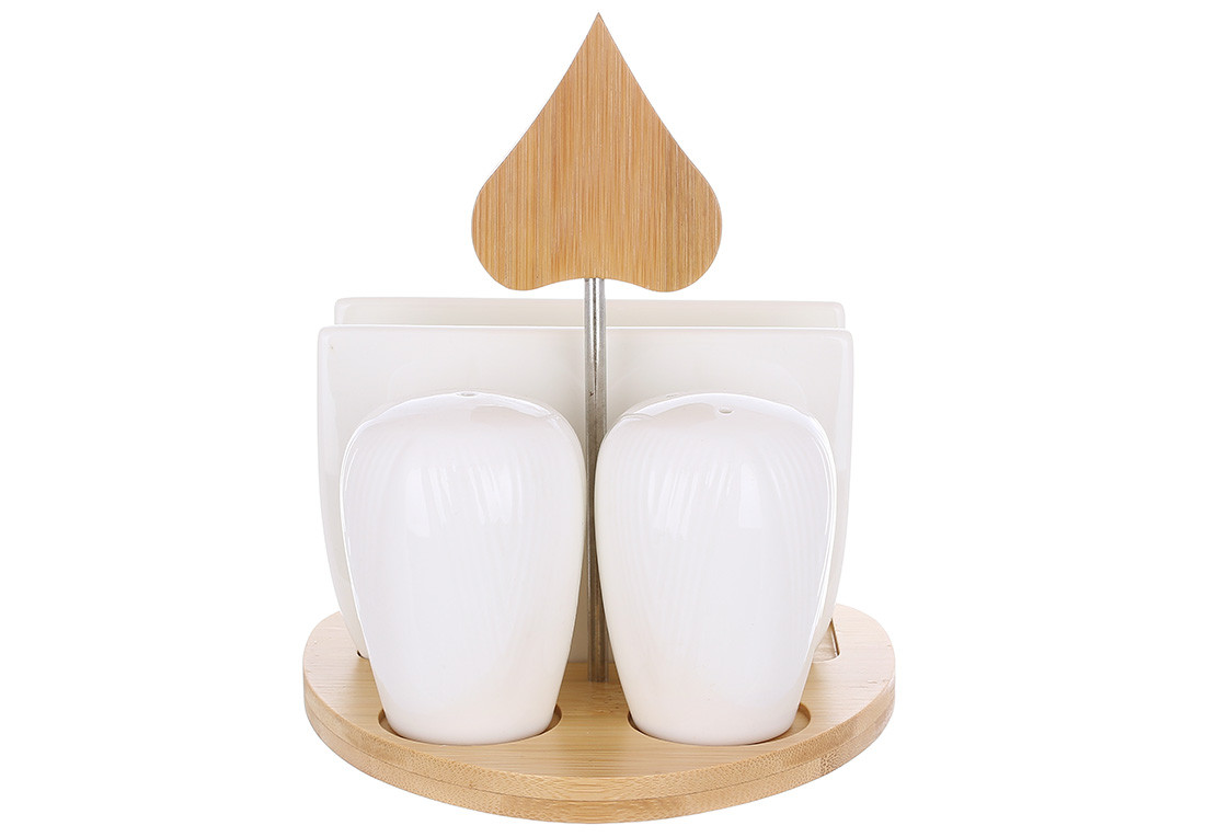 Набір для спецій з серветницею порцеляновий (3пр) на бамбуковій підставці Grace 15*14.2*16см, фото 1