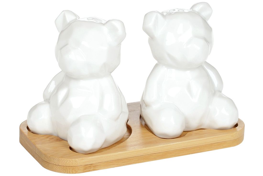 Порцеляновий набір для спецій (сіль/перець) на бамбуковій підставці Ведмедик, 13.5см, фото 1