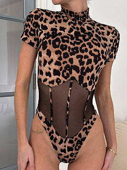Жіноче боді під горло у леопардовому принті з імітацією корсета (Норма)