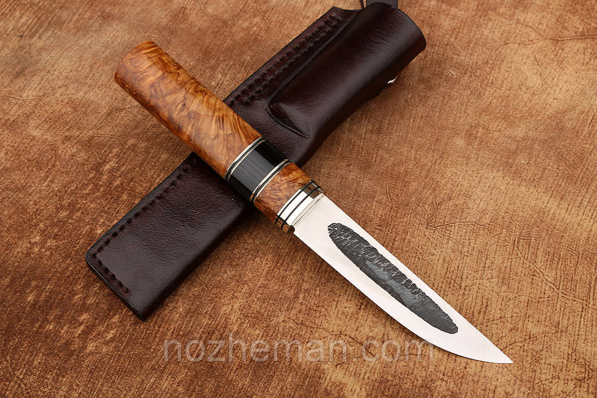 Ніж ручної роботи для полювання і риболовлі Якут 14 з нержавіючої сталі m398/65 HRC, зі шкіряним чохлом у комплекті, фото 1