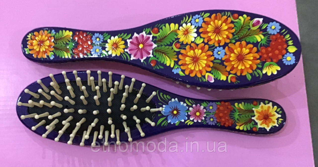 Щітка для волосся дерев'яна, петриківський розпис