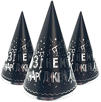 Ковпачки святкові "З Днем народження" (срібло на чорному), 10 штук