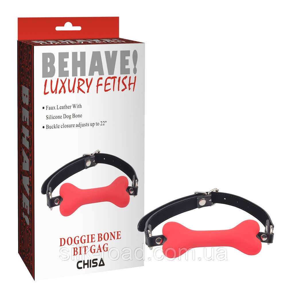 Кляп-кісточка червона Chisa Behave! Doggle Bone Bit Gag з чорним ремінцем