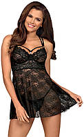 Комплект мереживний Obsessive 860-BAB-1 пеньюар та трусики стрінги, чорний, S/M