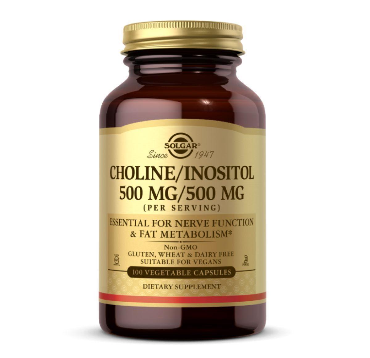 Холін та інозитол Solgar Choline/Inositol 500 мг/500 мг, 100 рослинних капсул, фото 1