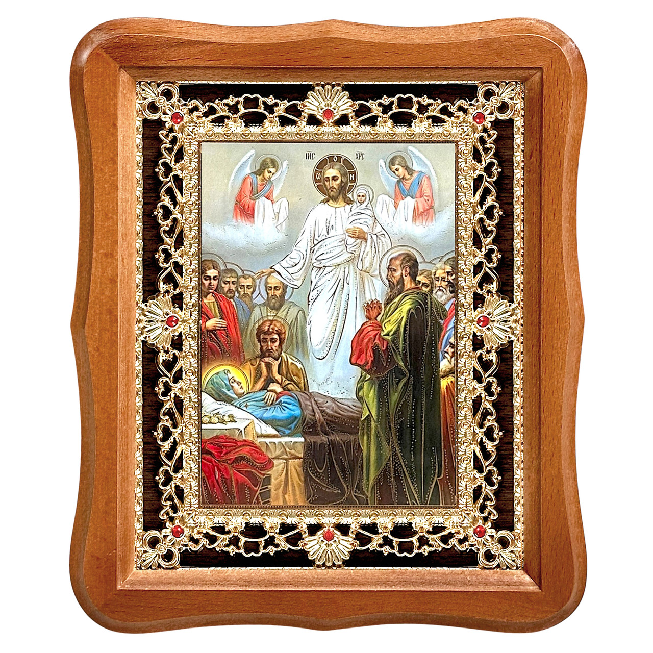 Ікона Успіння Пресвятої Богородиці, лик 15х18 см, у світлому дерев'яному кіоті з камінням, фото 1