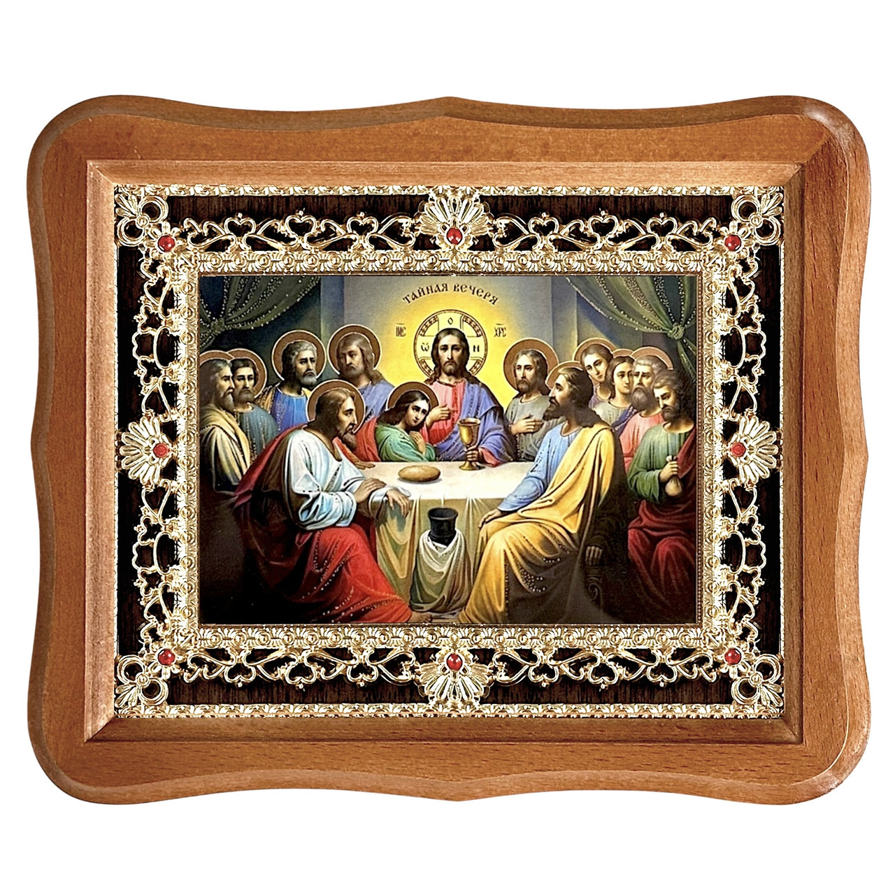 Ікона Тайна Вечеря, лик 15х18 см, у світлому дерев'яному кіоті з камінням, фото 1