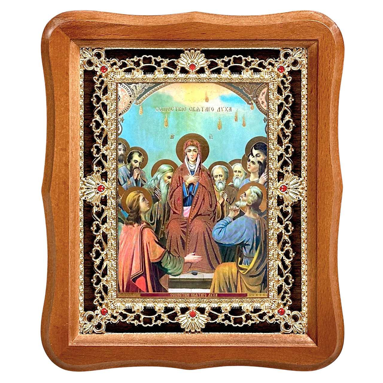 Ікона Зішестя Святого Духу, лик 15х18 см, у світлому дерев'яному кіоті з камінням, фото 1