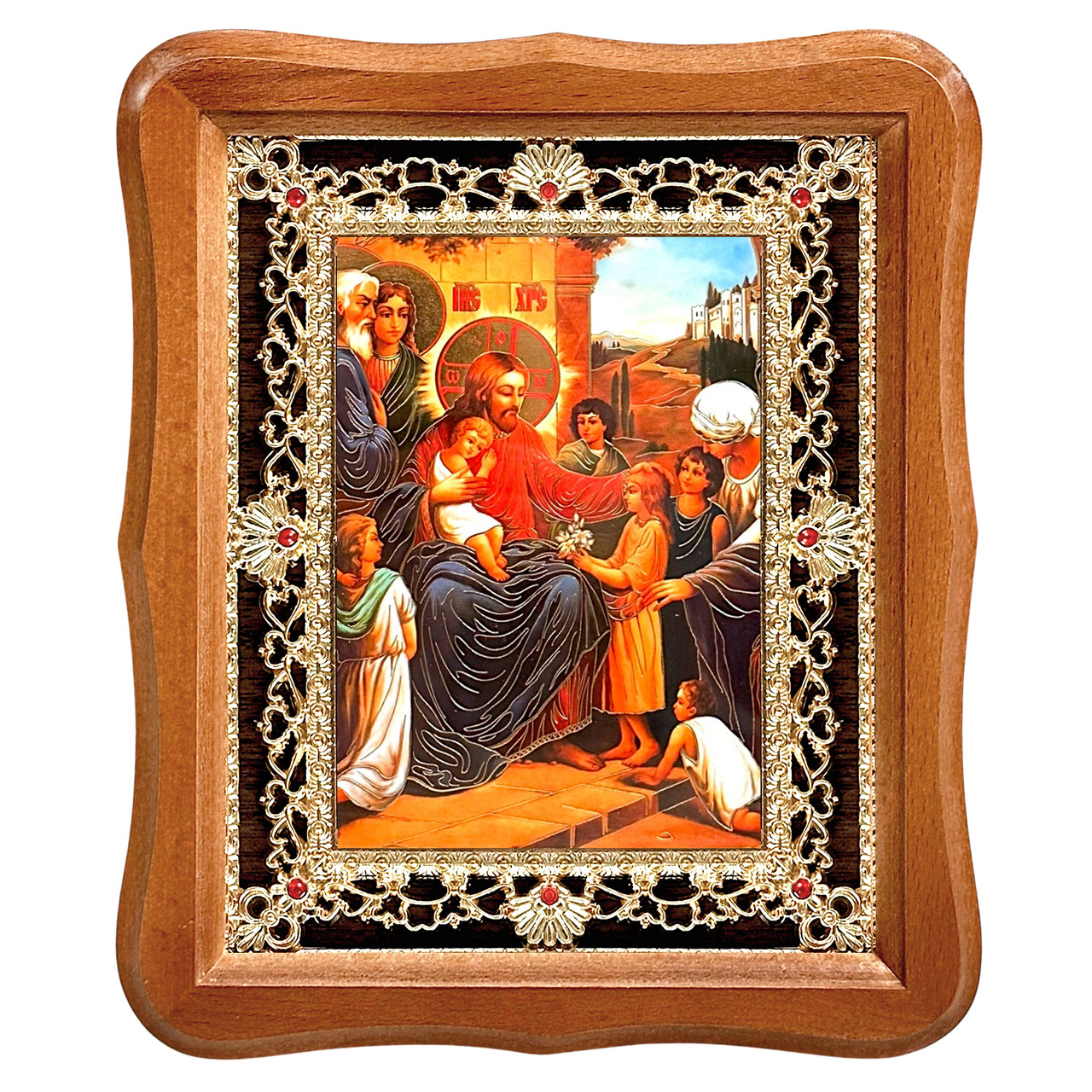 Ікона Благословення дітей, лик 15х18 см, у світлому дерев'яному кіоті з камінням, фото 1