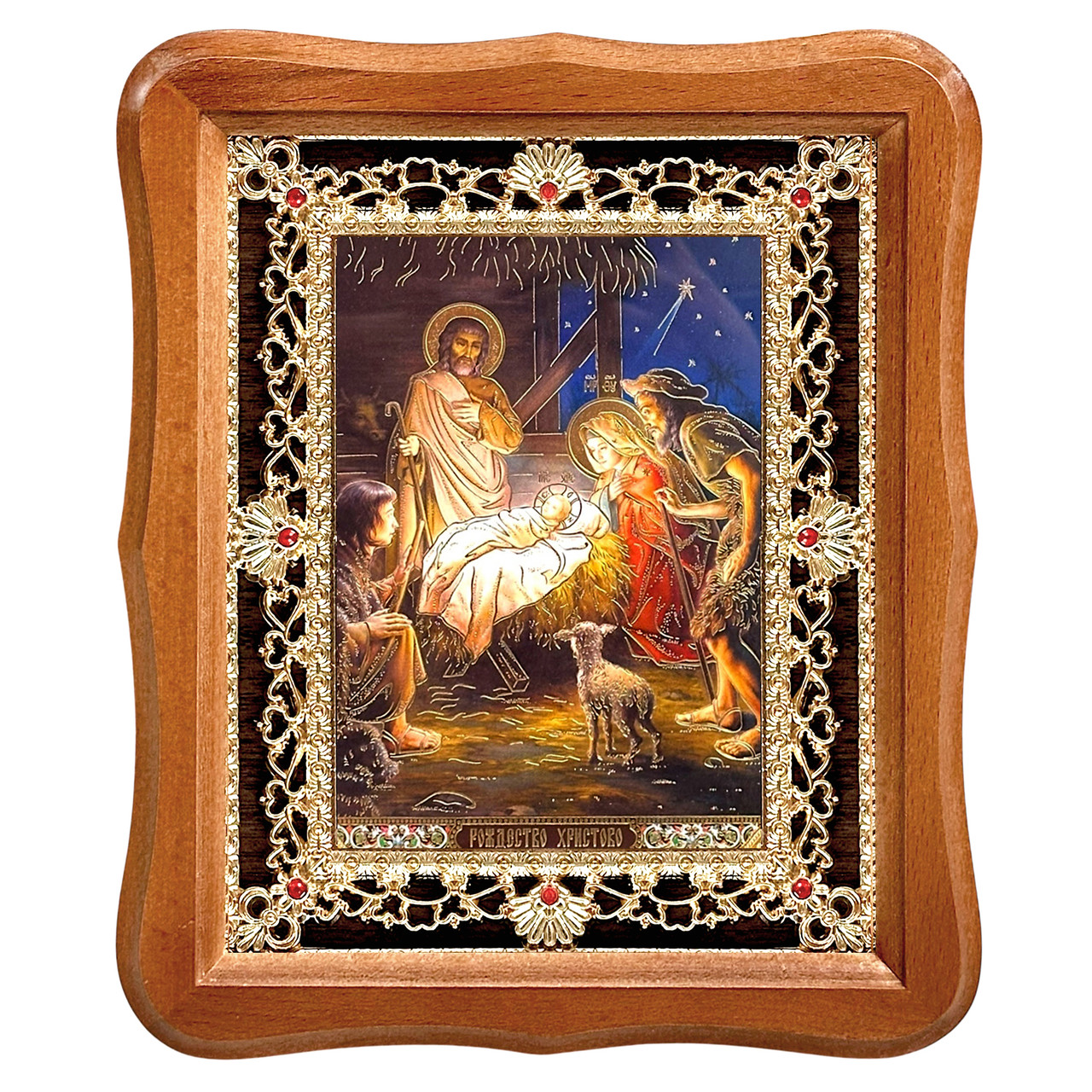 Ікона Різдво Христове, лик 15х18 см, у світлому дерев'яному кіоті з камінням, фото 1