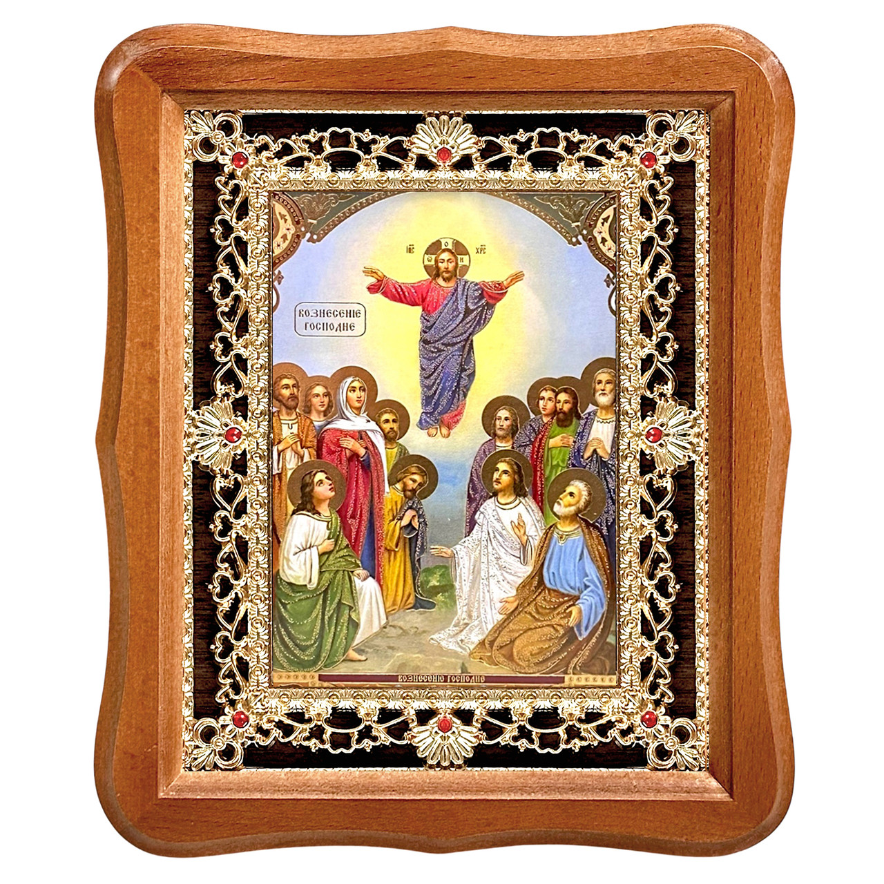 Ікона Вознесіння Господнє, лик 15х18 см, у світлому дерев'яному кіоті з камінням, фото 1
