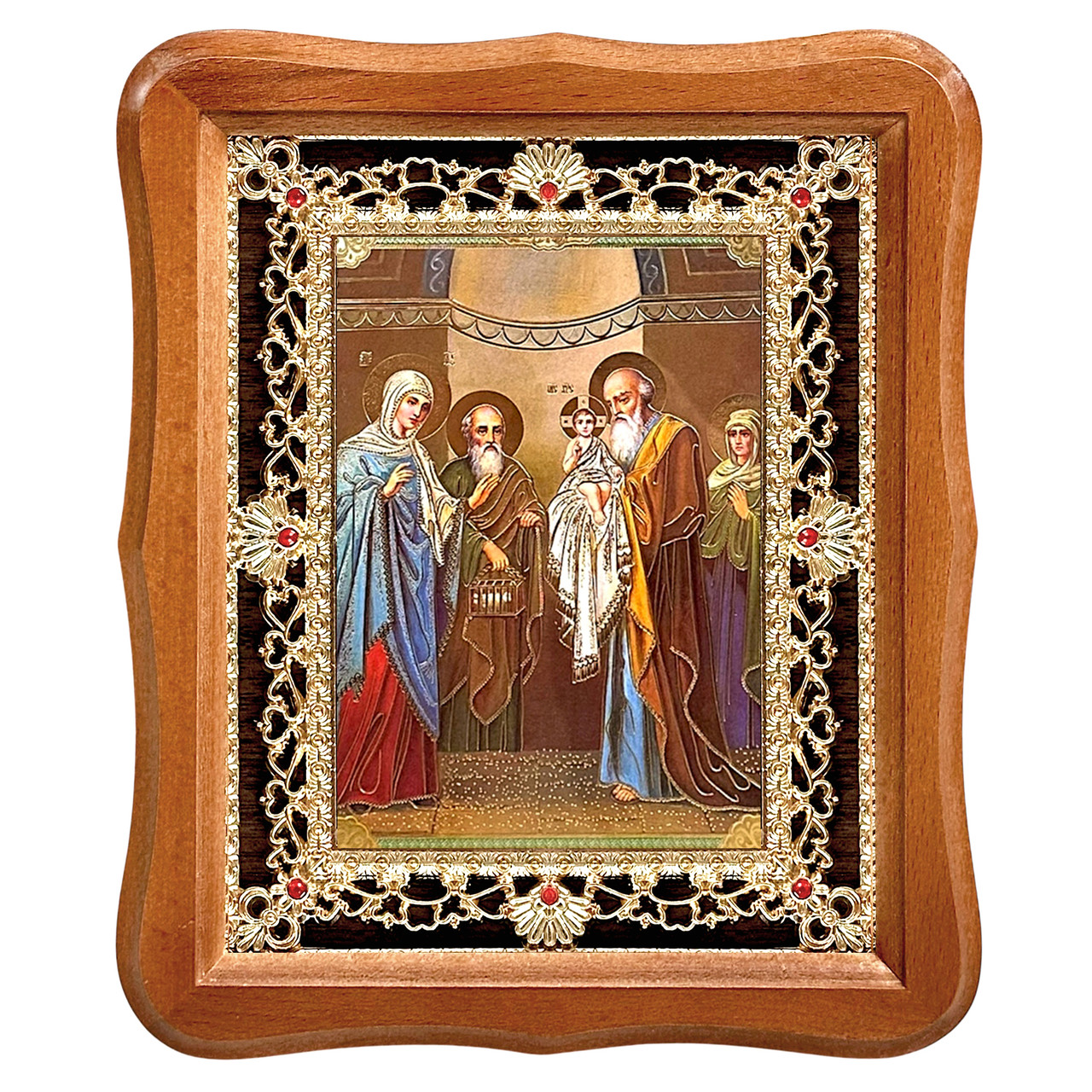 Ікона Стрітення Господнє, лик 15х18 см, у світлому дерев'яному кіоті з камінням, фото 1