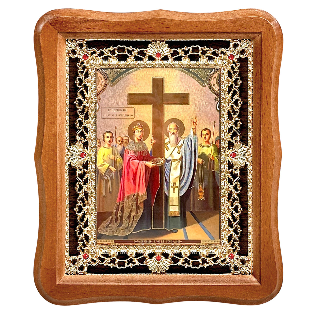 Ікона Воздвиження хреста Господнього, лик 15х18 см, у світлому дерев'яному кіоті з камінням, фото 1