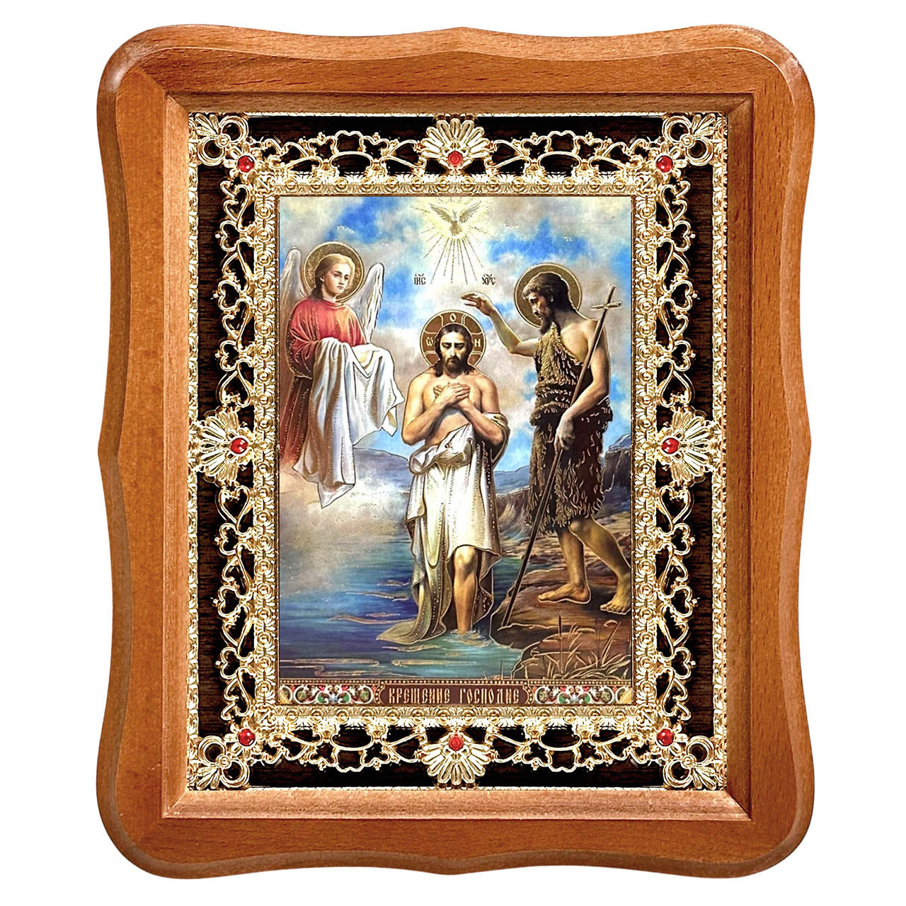 Ікона Хрещення Господнє, лик 15х18 см, у світлому дерев'яному кіоті з камінням, фото 1