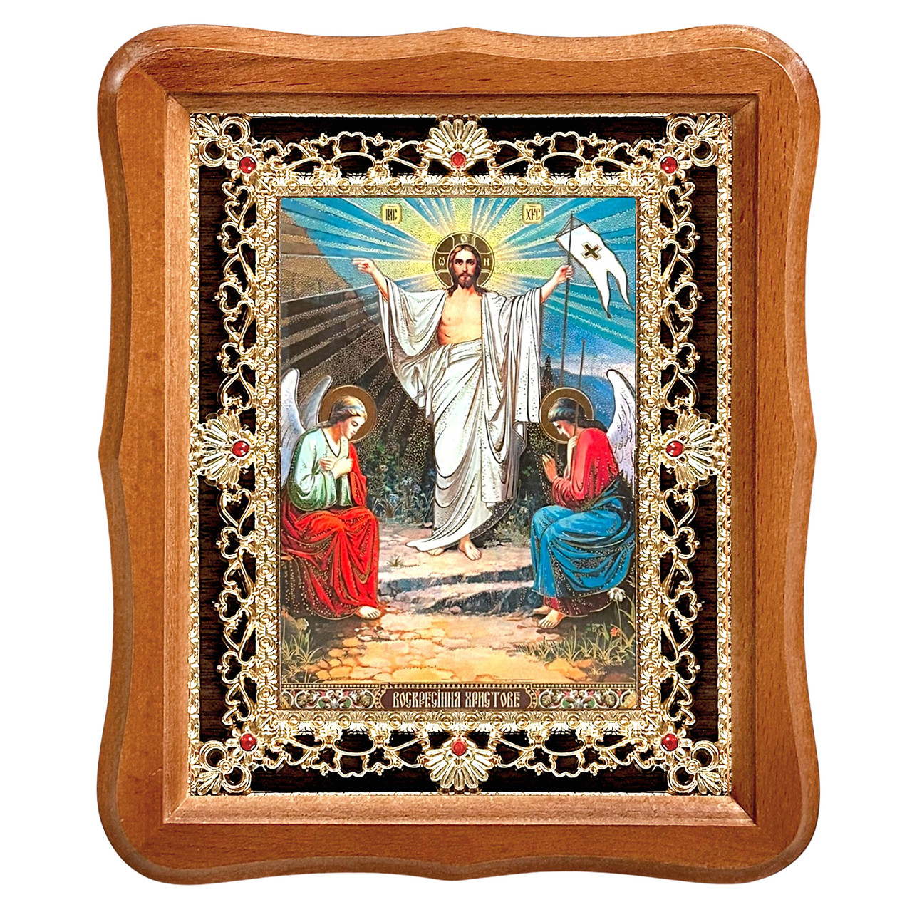 Ікона Христова Неділя, Великдень, лик 15х18 см, у світлому дерев'яному кіоті з камінням, фото 1