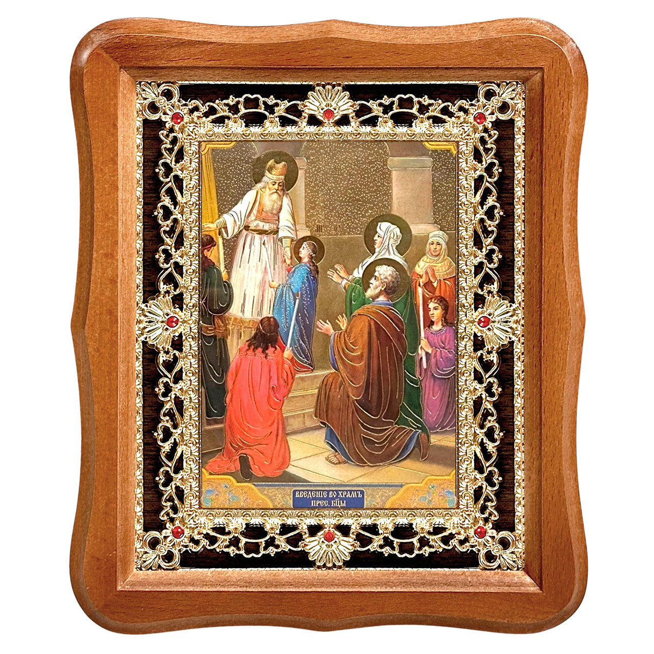 Ікона Введення в храм Пресвятої Богородиці, лик 15х18 см, у світлому дерев'яному кіоті з камінням, фото 1