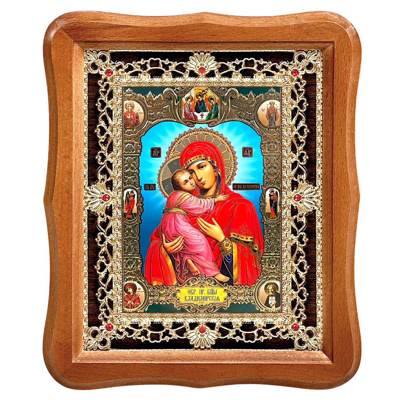 Ікона Володимирська Пресвята Богородиця, лик 15х18 см, у світлому дерев'яному кіоті з камінням, фото 1