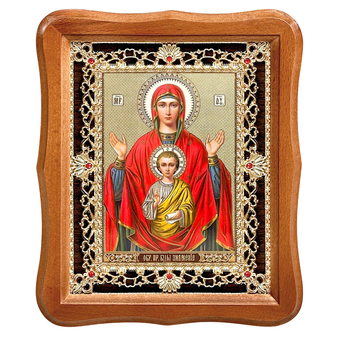 Ікона Знамення Пресвята Богородиця, лик 15х18 см, у світлому дерев'яному кіоті з камінням, фото 1