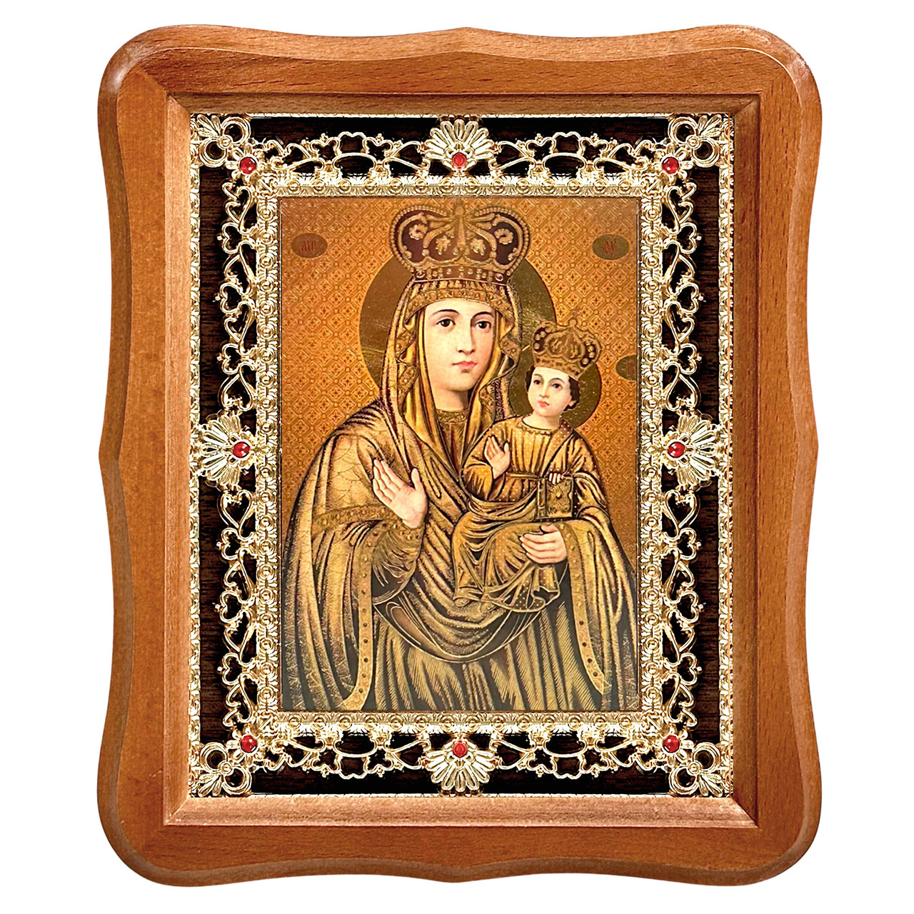 Ікона Зарваницька Пресвята Богородиця, лик 15х18 см, у світлому дерев'яному кіоті з камінням, фото 1