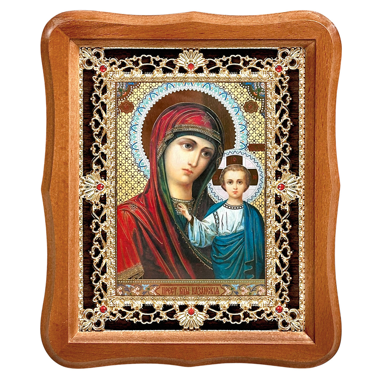 Ікона Казанська Пресвята Богородиця, лик 15х18 см, у світлому дерев'яному кіоті з камінням, фото 1