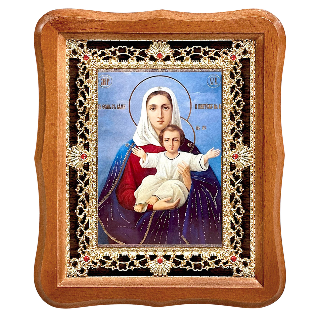 Ікона Аз є з вами і ніхто ж на ви Пресвята Богородиця, лик 15х18 см, у світлому дерев'яному з камінням, фото 1