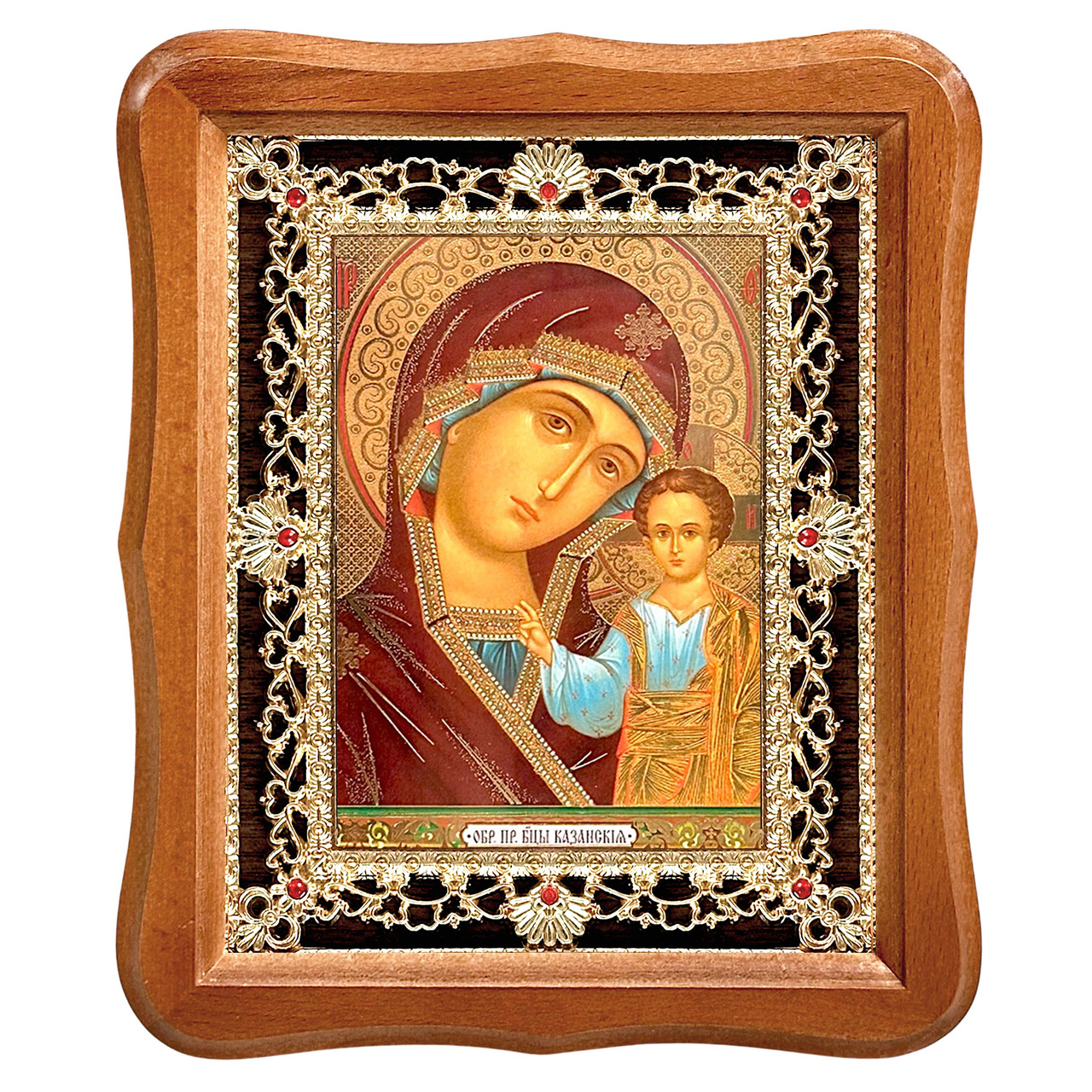 Ікона Казанська Пресвята Богородиця, лик 15х18 см, у світлому дерев'яному кіоті з камінням, фото 1