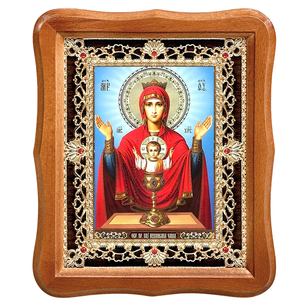 Ікона Невпинна Чаша Пресвята Богородиця, лик 15х18 см, у світлому дерев'яному кіоті з камінням, фото 1