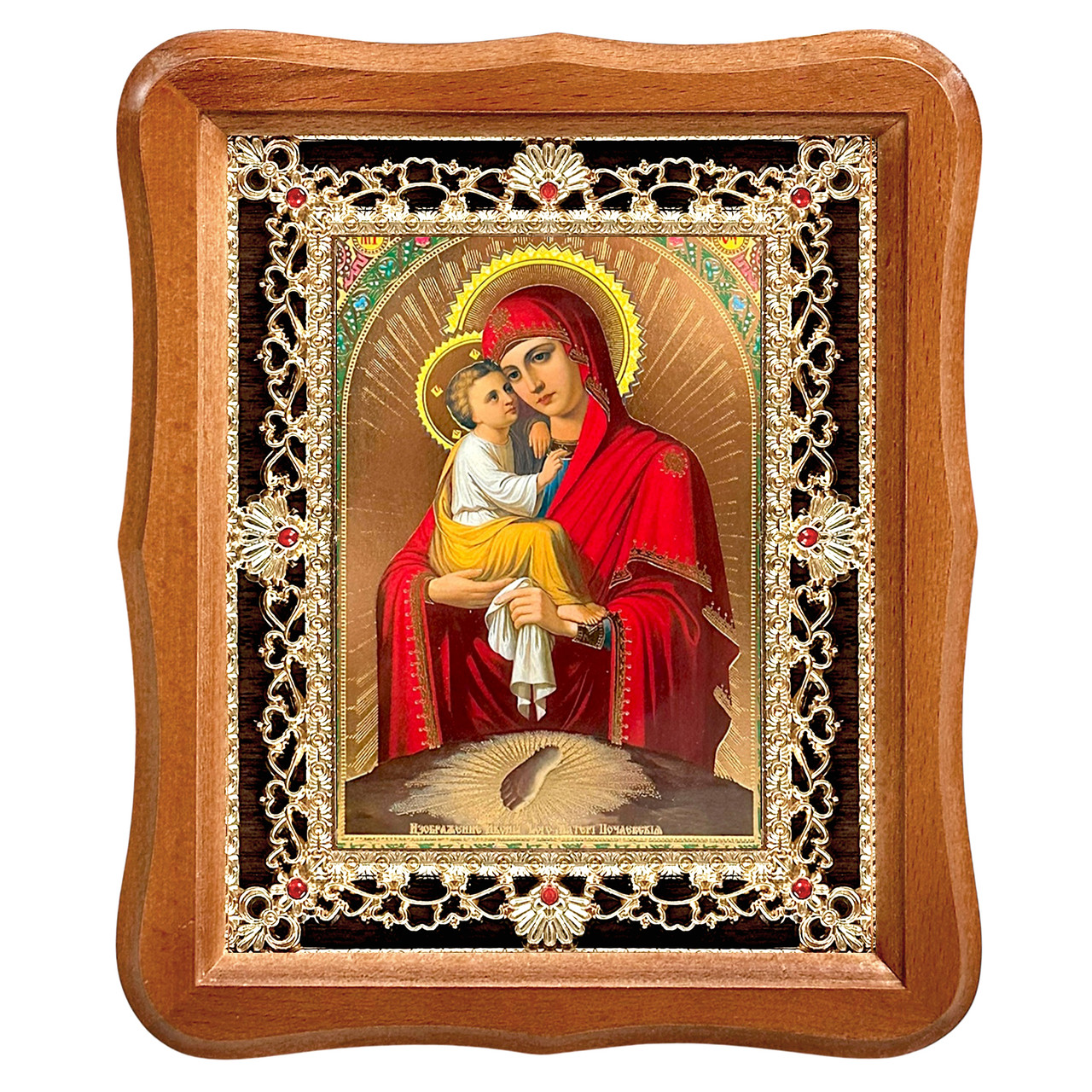 Ікона Почаївська Пресвята Богородиця, лик 15х18 см, у світлому дерев'яному кіоті з камінням, фото 1