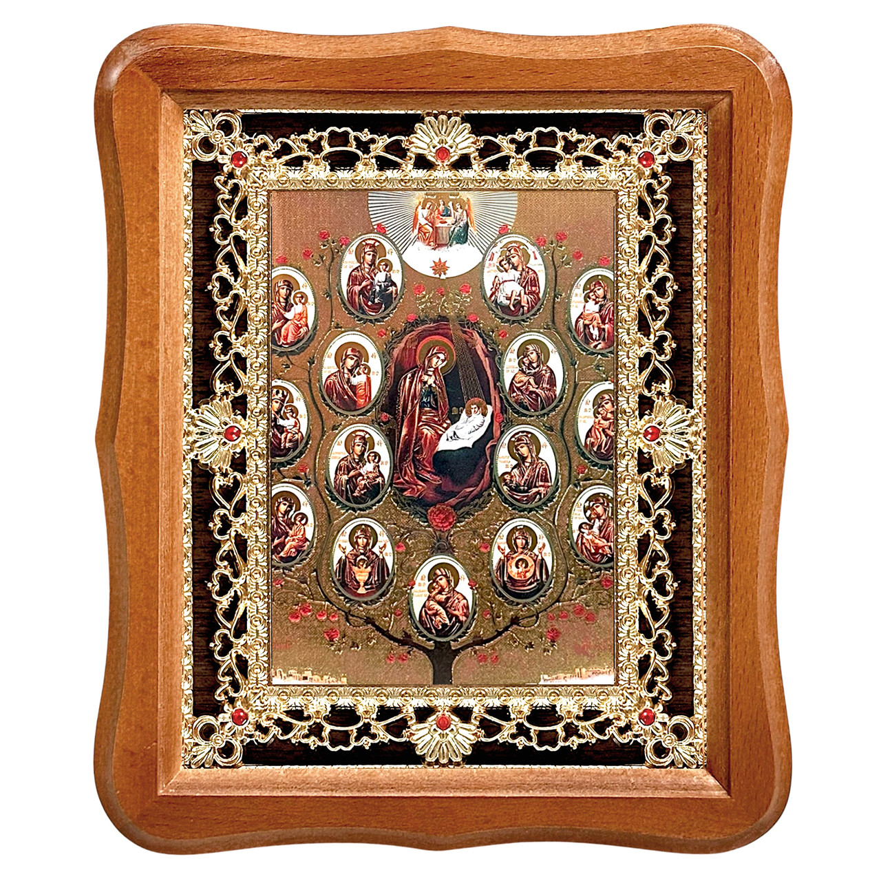 Ікона Горній Єрусалим Пресвятої Богородиці, лик 15х18 см, у світлому дерев'яному кіоті з камінням, фото 1