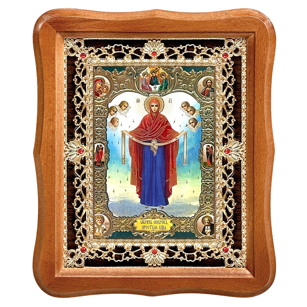 Ікона Покрова Пресвята Богородиця, лик 15х18 см, у світлому дерев'яному кіоті з камінням, фото 1