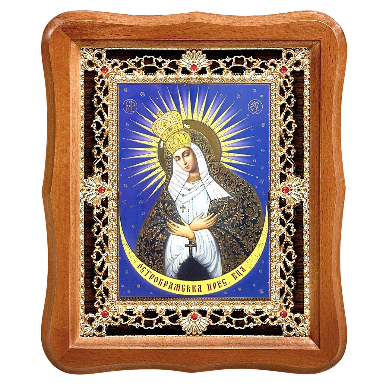 Ікона Остробрамська Пресвята Богородиця, лик 15х18 см, у світлому дерев'яному кіоті з камінням, фото 1