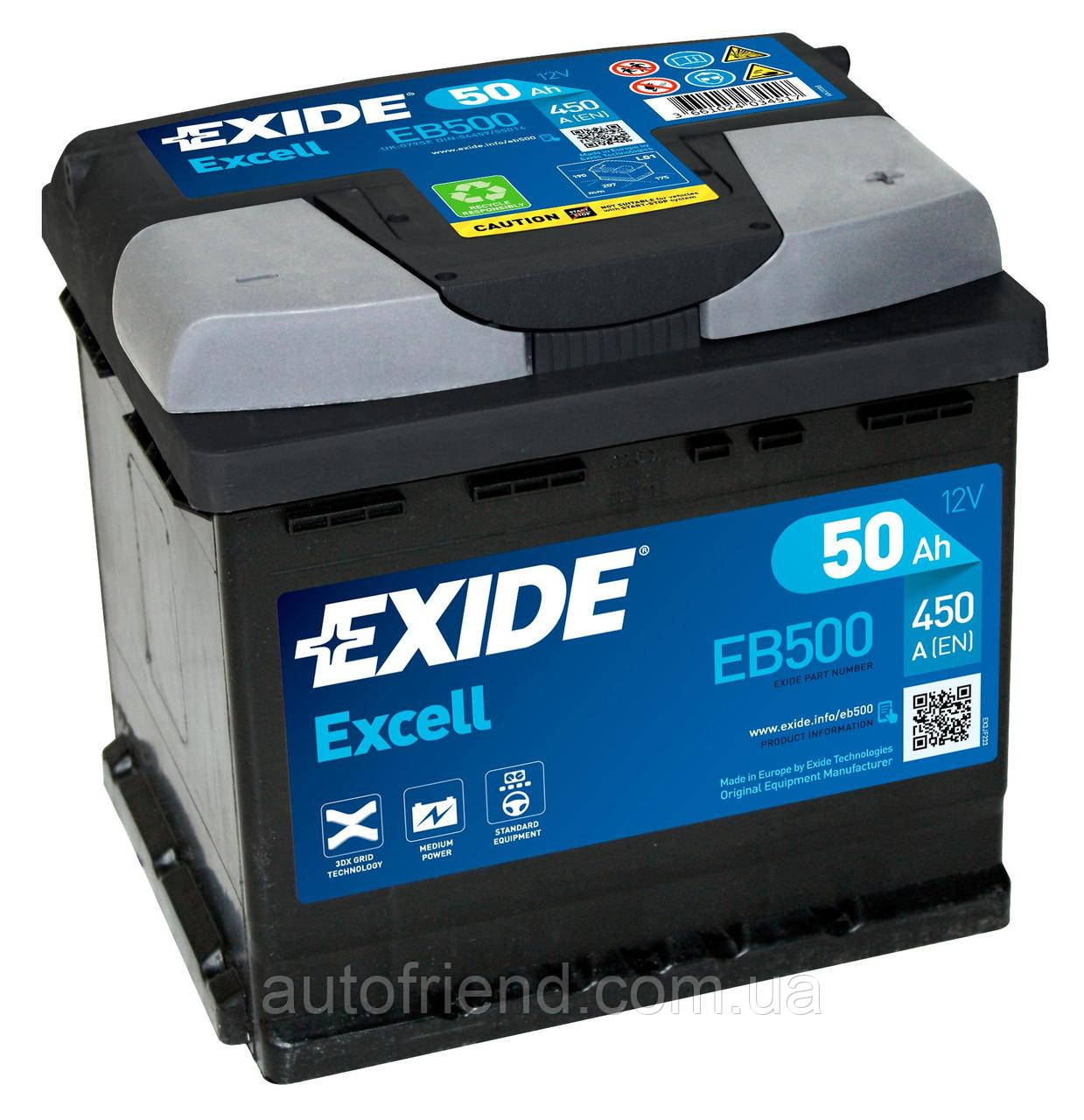Аккумулятор EXIDE EXCELL 50Ah Ев (-/+) (450EN) (д207*ш175*в190) EB500, фото 1