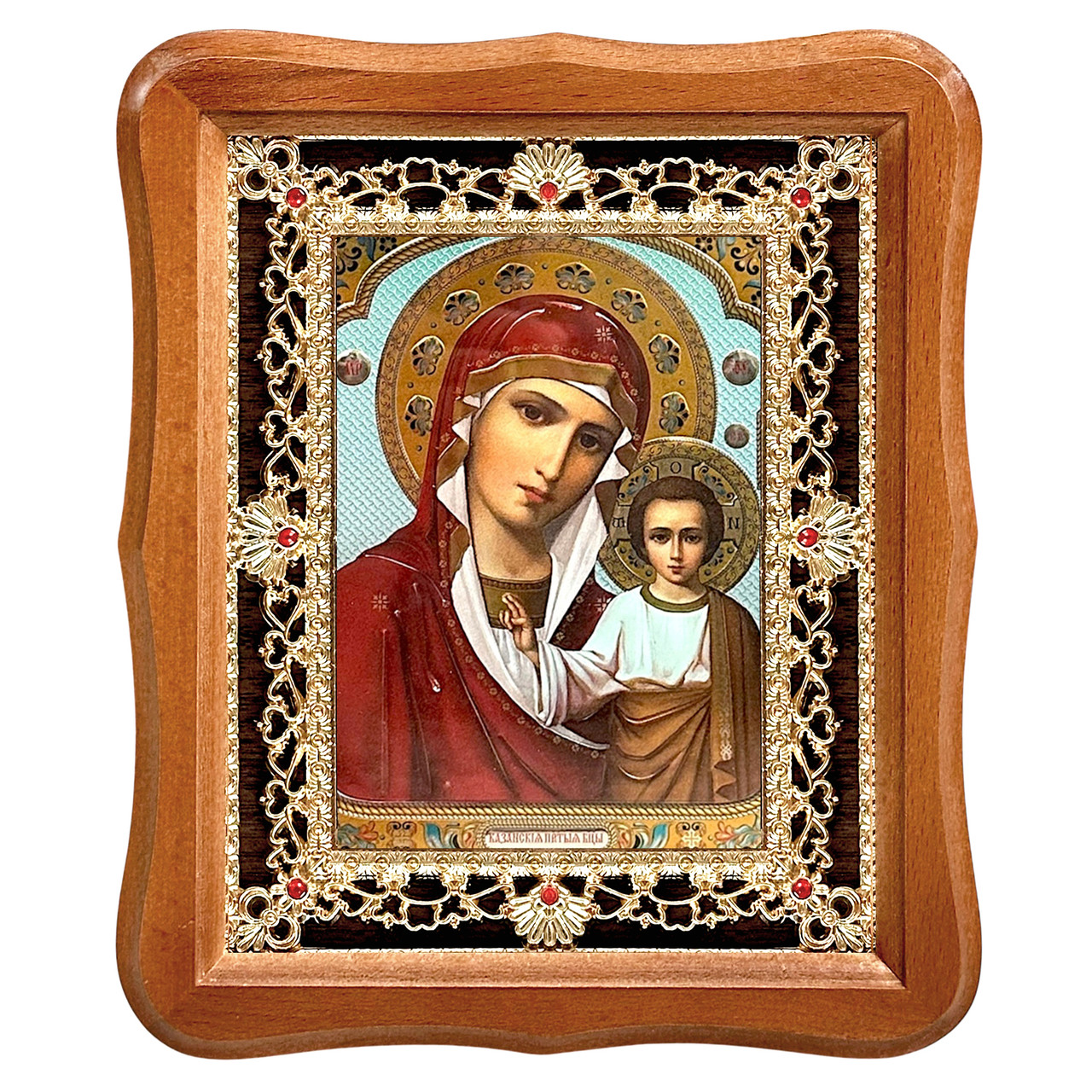 Ікона Казанська Пресвята Богородиця, лик 15х18 см, у світлому дерев'яному кіоті з камінням, фото 1