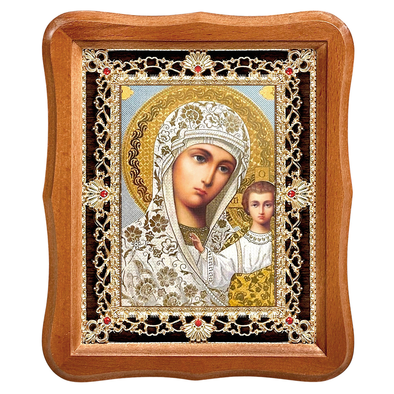 Ікона Казанська Пресвята Богородиця, лик 15х18 см, у світлому дерев'яному кіоті з камінням, фото 1