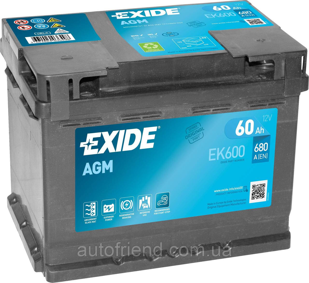 Акумулятор EXIDE START-STOP AGM 60 Ah Єв (-/+) (680EN) (д242*ш175*в190) EK600, фото 1