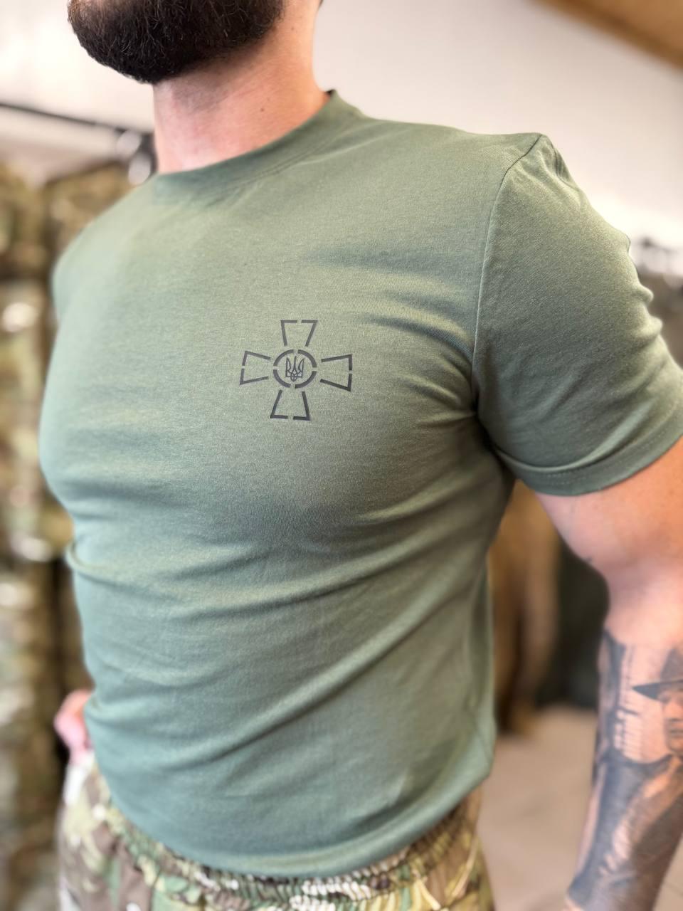 Футболка ТМ КОRКА з нанесенням уставного хреста, 100% бавовна, вточний рукав, олива