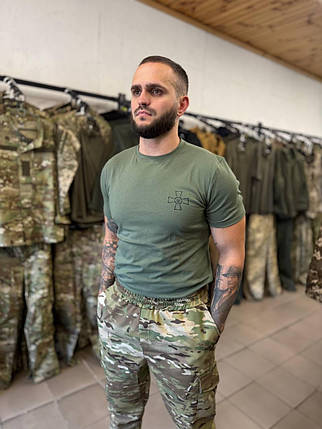 Футболка ТМ КОRКА з нанесенням уставного хреста, 100% бавовна, вточний рукав, олива, фото 2