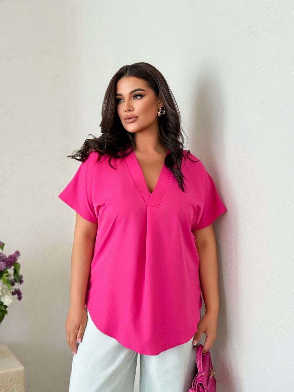 Шовкова жіноча блузка вільного крою малина, фото 1