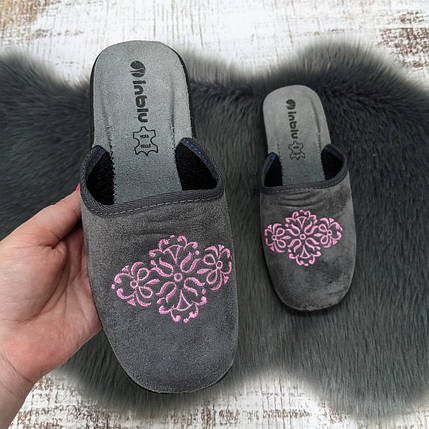 Тапочки жіночі домашні Inblu сірі велюрові з вишивкою 4590-2, фото 1