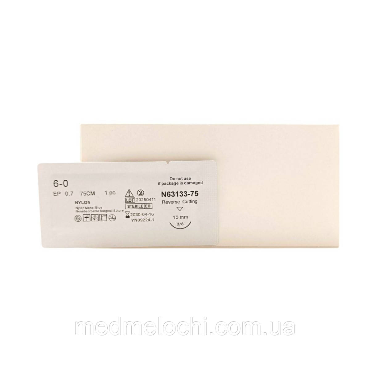 Нейлон Sunmed  USP 6/0 (EP 0,7) зі звор. ріж. голкою 13мм 3/8 кола, преміум
