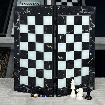 Нарди та шахи 3в1 «Золотий мармур» зі скляним полем і фігурами з епоксидної смоли, арт 270051